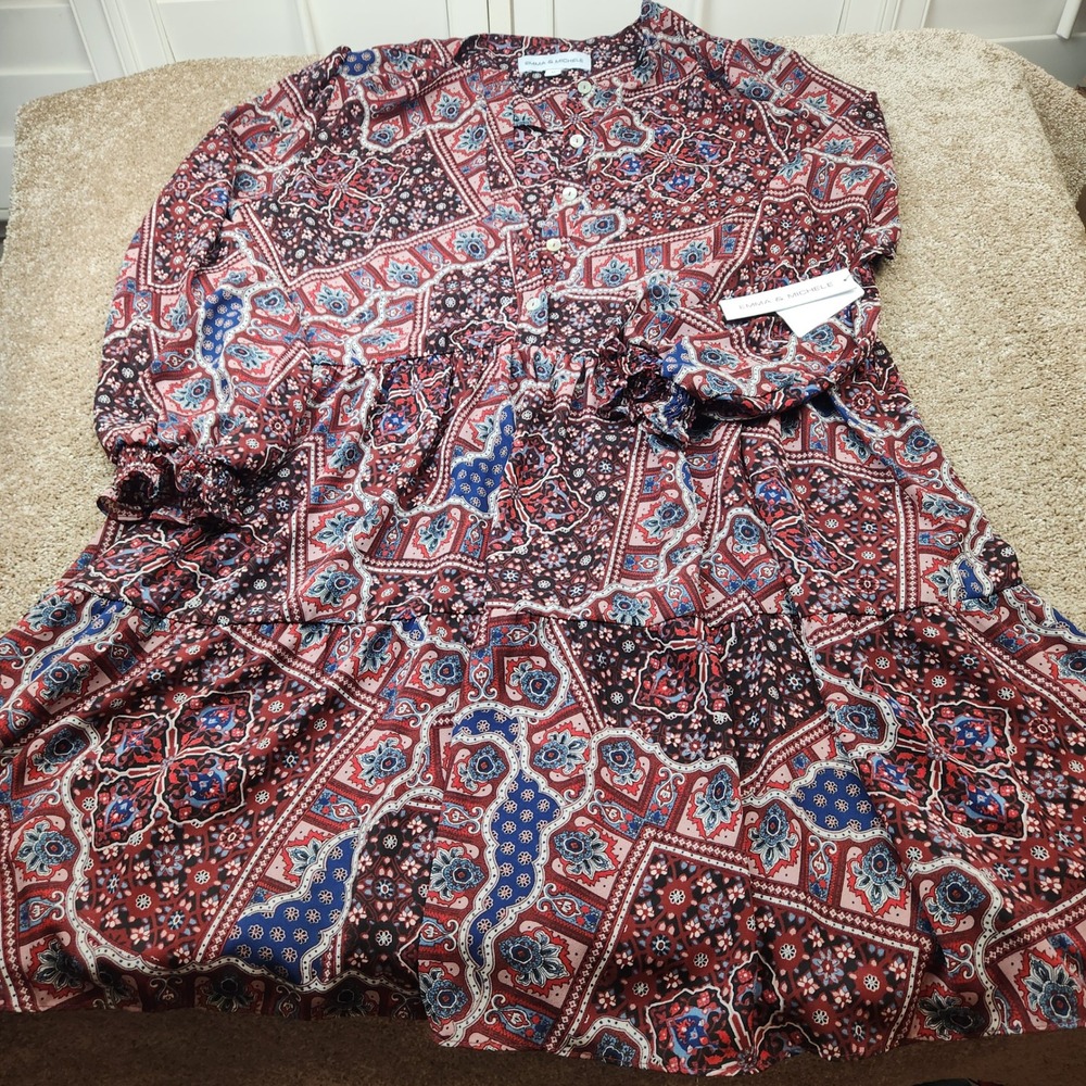 Emma & Michele XL Red Blue Paisley Floral Tiered‎ Boho Mini Dress NWT 112015BL